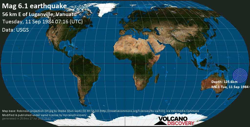 Strong mag. 6.1 earthquake - Coral Sea, 56 km east of Luganville, Sanma Province, Vanuatu, on Tuesday, 11 September 1984 at 07:16 (GMT)
