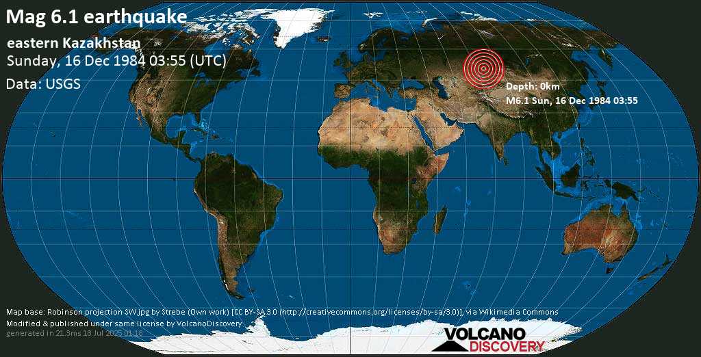 Very strong mag. 6.1 earthquake - 113 km southwest of Semey, East Kazakhstan, on Sunday, 16 December 1984 at 03:55 (GMT)