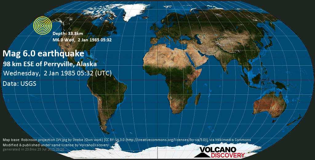 Strong mag. 6.0 earthquake - Alaska Peninsula (USA) on Wednesday, 2 January 1985 at 05:32 (GMT)