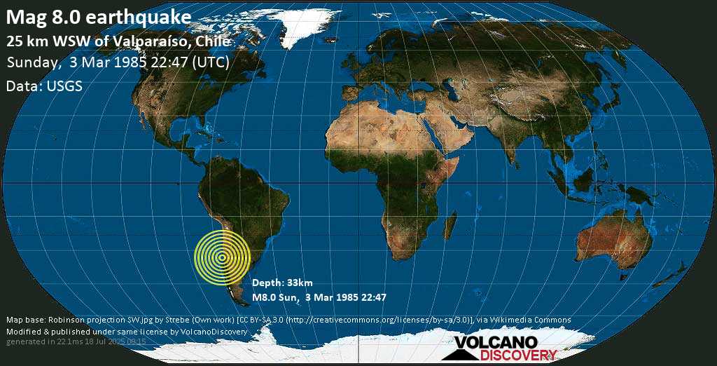 Major magnitude 8.0 earthquake - South Pacific Ocean, 41 km west of Quilpue, Provincia de Marga Marga, Region de Valparaiso, Chile, on Sunday, March 3, 1985 at 22:47 (GMT)