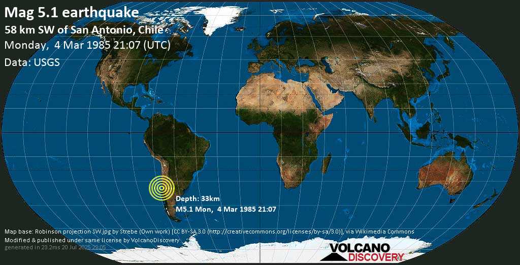 Moderate mag. 5.1 earthquake - South Pacific Ocean, 59 km southwest of San Antonio, Valparaiso, Chile, on Monday, 4 March 1985 at 21:07 (GMT)