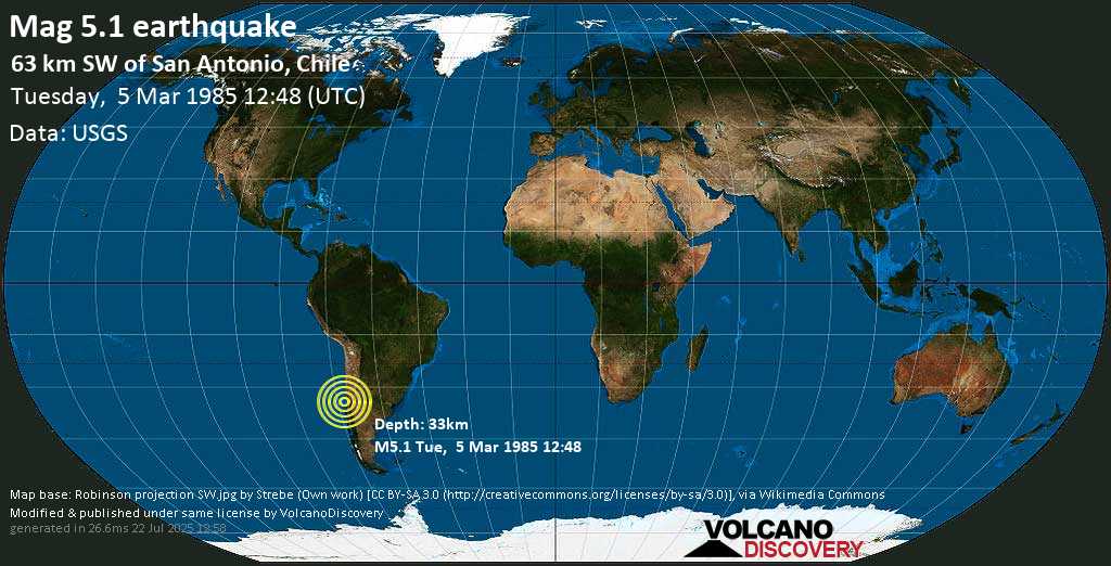 Moderate mag. 5.1 earthquake - South Pacific Ocean, 63 km southwest of San Antonio, Valparaiso, Chile, on Tuesday, 5 March 1985 at 12:48 (GMT)
