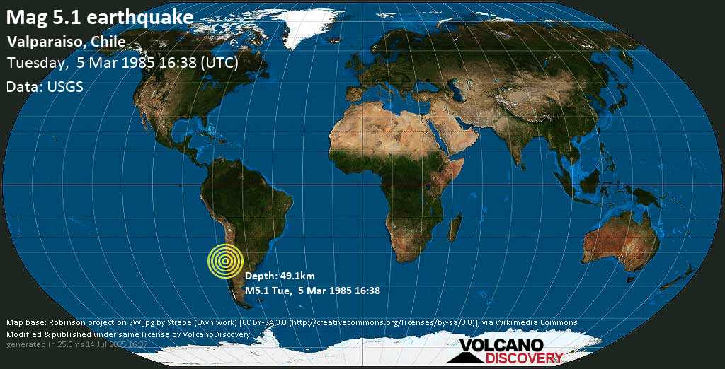 Moderate mag. 5.1 earthquake - 25 km south of San Antonio, Valparaiso, Chile, on Tuesday, 5 March 1985 at 16:38 (GMT)