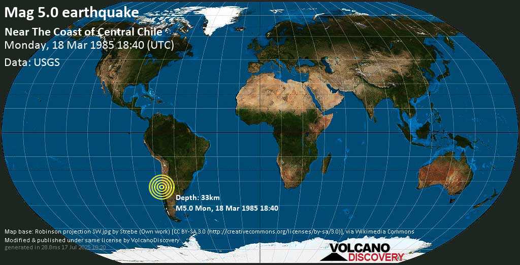 Moderate mag. 5.0 earthquake - South Pacific Ocean, 34 km northwest of San Antonio, Valparaiso, Chile, on Monday, 18 March 1985 at 18:40 (GMT)
