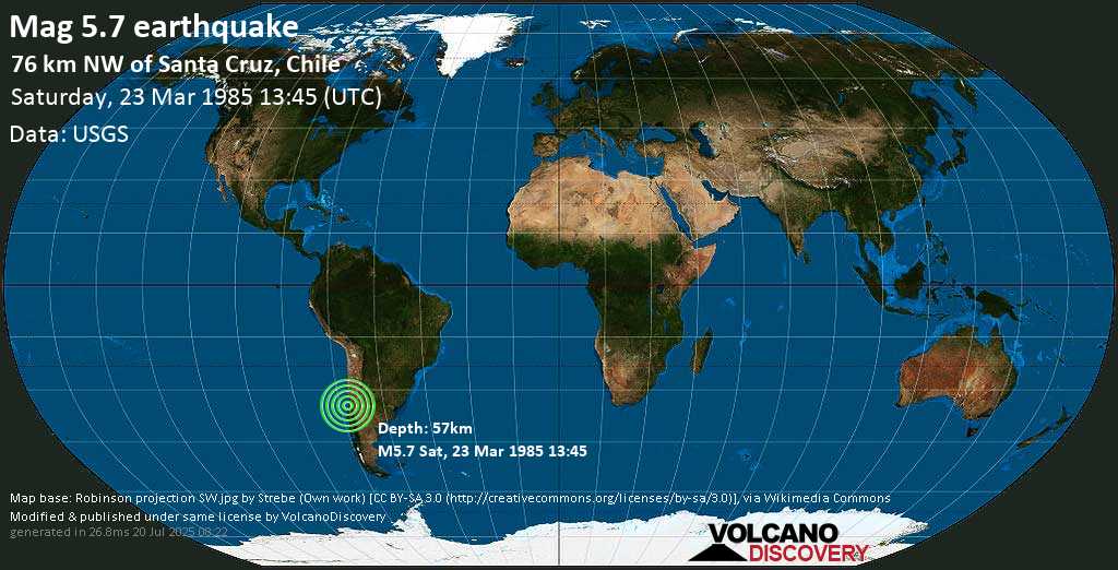 Moderate mag. 5.7 earthquake - South Pacific Ocean, 78 km southwest of San Antonio, Valparaiso, Chile, on Saturday, 23 March 1985 at 13:45 (GMT)