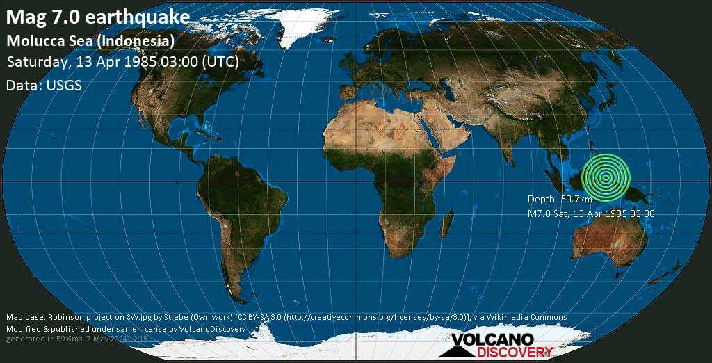 Major magnitude 7.0 earthquake - 137 km east of Bitung, North Sulawesi, Indonesia, on Saturday, April 13, 1985 at 03:00 GMT