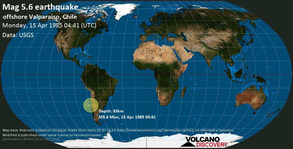 Strong mag. 5.6 earthquake - South Pacific Ocean, 35 km west of San Antonio, Valparaiso, Chile, on Monday, 15 April 1985 at 04:41 (GMT)