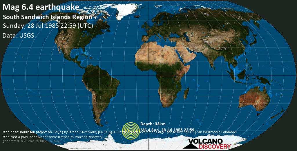 Strong mag. 6.4 earthquake - South Sandwich Islands Region on Sunday, 28 July 1985 at 22:59 (GMT)