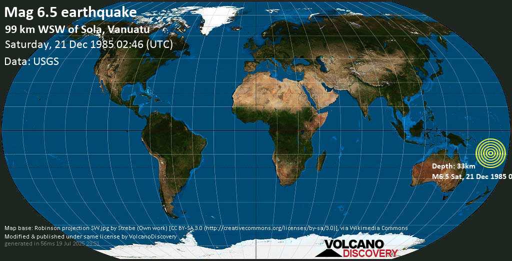 Terremoto muy fuerte magnitud 6.5 - Coral Sea, Vanuatu, sábado, 21 dic. 1985
