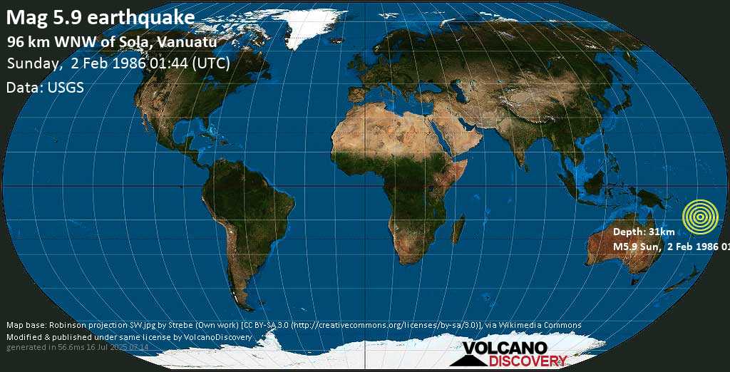Strong mag. 5.9 earthquake - Coral Sea, 57 km south of North Island, Torba, Vanuatu, on Sunday, 2 February 1986 at 01:44 (GMT)