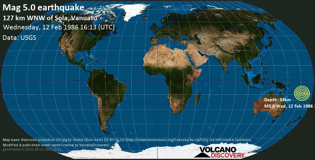 Moderate mag. 5.0 earthquake - Coral Sea, Vanuatu, on Wednesday, 12 February 1986 at 16:13 (GMT)