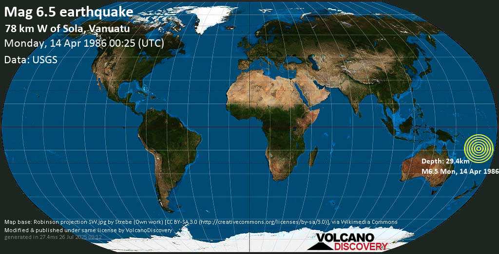 Strong mag. 6.5 earthquake - Vanuatu on Monday, 14 April 1986 at 00:25 (GMT)