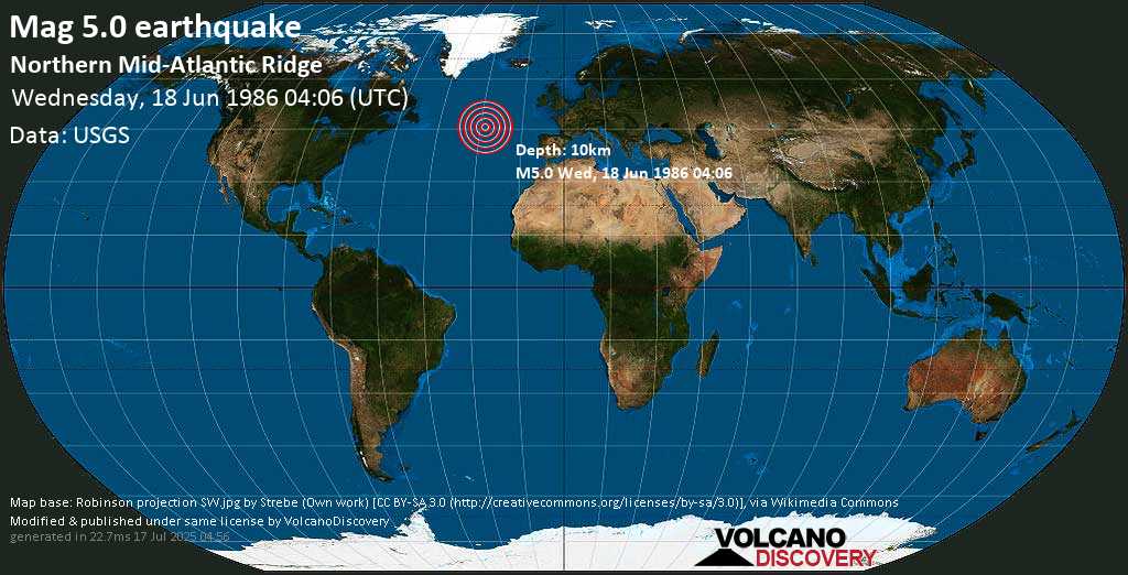 Moderate mag. 5.0 earthquake - Northern Mid-Atlantic Ridge on Wednesday, 18 June 1986