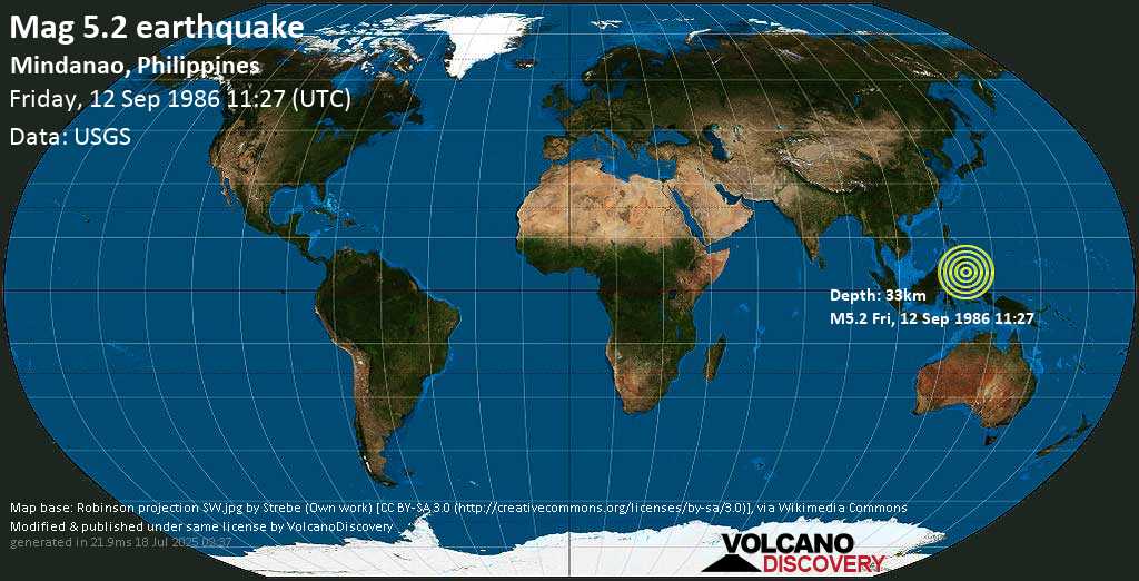 Moderate mag. 5.2 earthquake - Mindanao, Philippines, on Friday, 12 September 1986 at 11:27 (GMT)