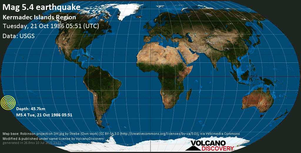 Moderado terremoto magnitud 5.4 - Kermadec Islands Region (New Zealand), martes, 21 oct. 1986