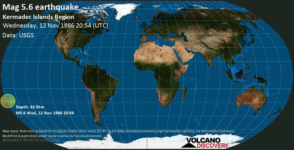 Moderato terremoto magnitudine 5.6 - Kermadec Islands Region (New Zealand), mercoledì, 12 novembre 1986