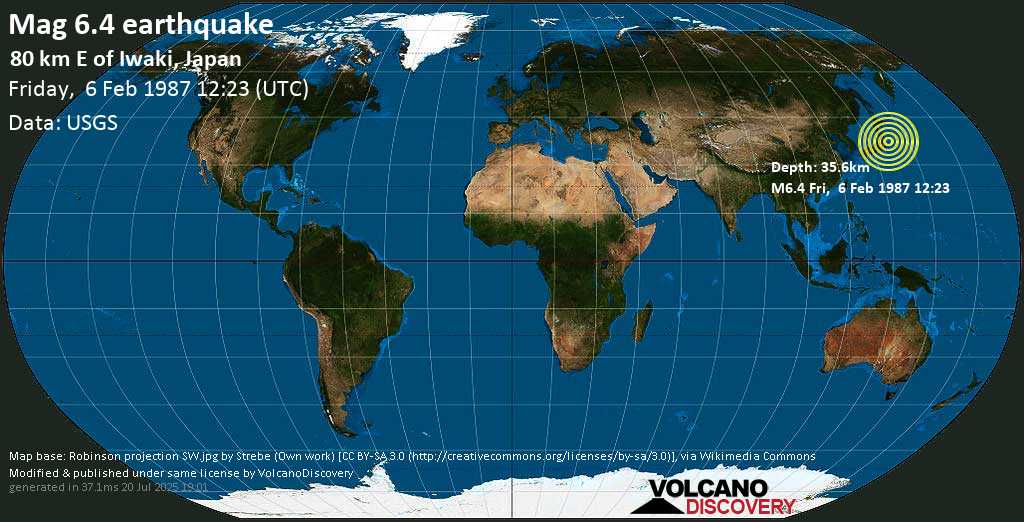 Very strong mag. 6.4 earthquake - North Pacific Ocean, 80 km east of Iwaki, Fukushima, Japan, on Friday, February 6, 1987 at 12:23 (GMT)