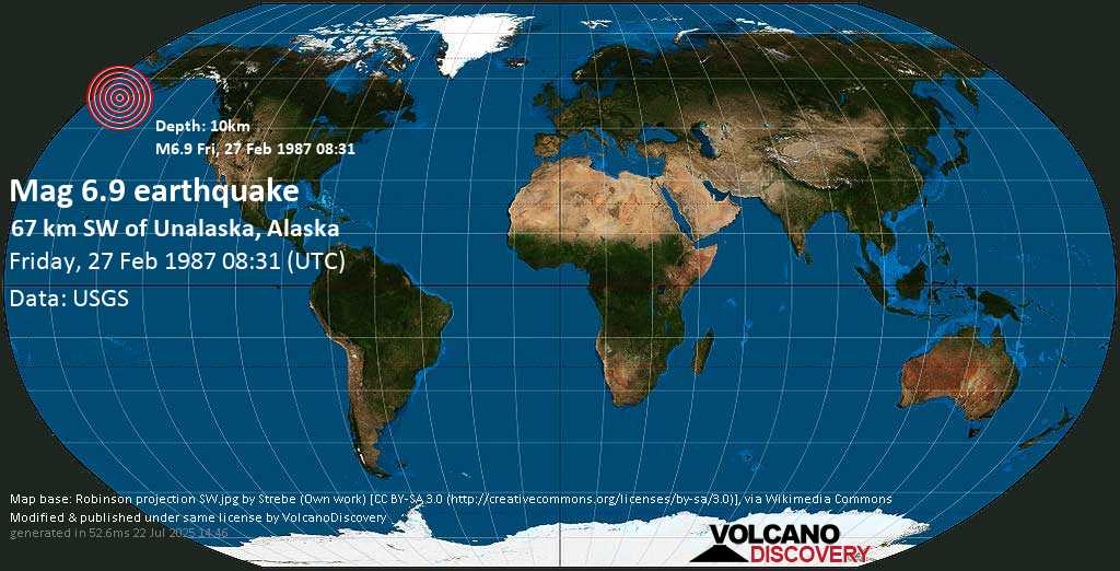 Major magnitude 6.9 earthquake - Aleutians West County, 42 mi southwest of Уналашка, Aleutians West (CA) County, Alaska, USA, on Friday, 27 February 1987 at 08:31 (GMT)