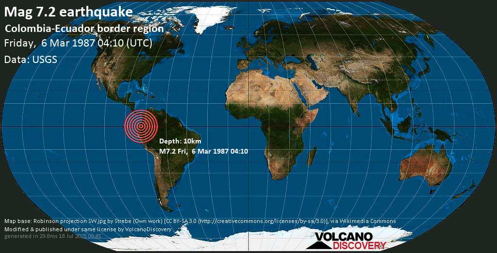 Major magnitude 7.2 earthquake - Canton Pimampiro, Provincia de Imbabura, 89 km northeast of San Francisco de Quito, Ecuador, on Friday, March 6, 1987 at 04:10 (GMT)