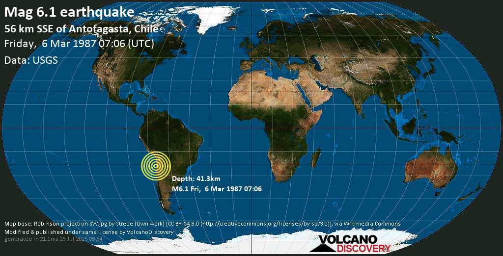 Strong mag. 6.1 earthquake - Antofagasta, Chile, on Friday, 6 March 1987 at 07:06 (GMT)