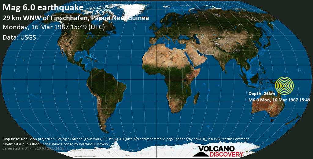 Strong mag. 6.0 earthquake - Eastern New Guinea Region, Papua New Guinea on Monday, 16 March 1987
