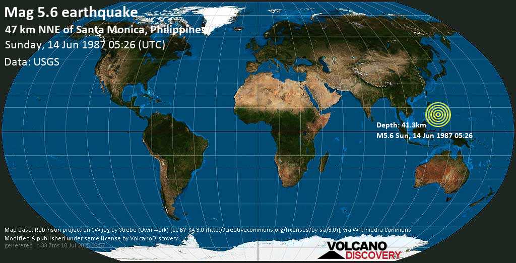 Moderate mag. 5.6 earthquake - Philippine Islands Region (Philippines) on Sunday, 14 June 1987 at 05:26 (GMT)