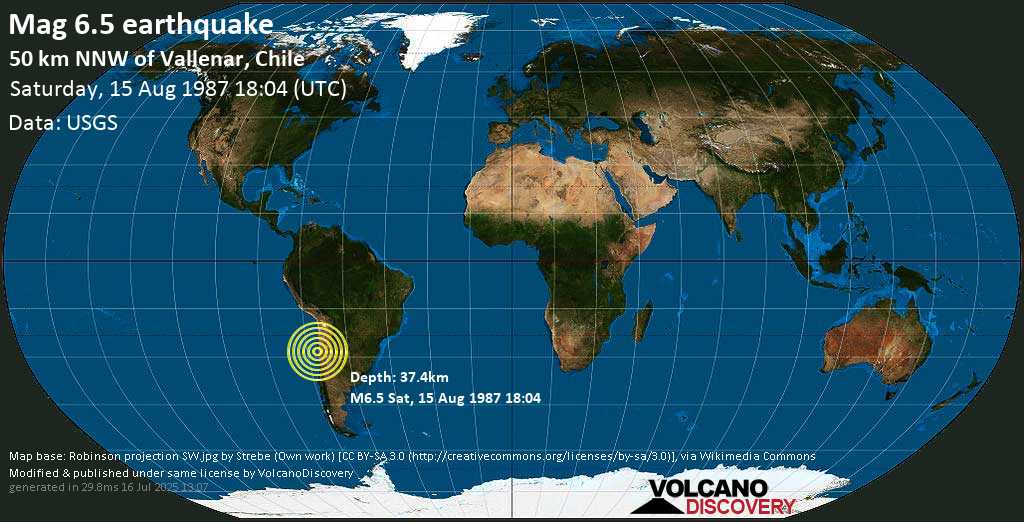 Strong mag. 6.5 earthquake - Atacama, Chile on Saturday, 15 August 1987