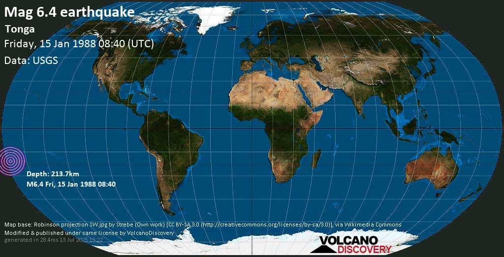 Strong mag. 6.4 earthquake - Tonga on Friday, 15 January 1988
