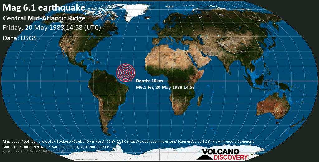 Strong mag. 6.1 earthquake - Central Mid-Atlantic Ridge on Friday, 20 May 1988