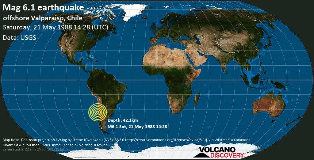 Strong mag. 6.1 earthquake - Offshore Valparaiso, Chile, on Saturday, 21 May 1988 at 14:28 (GMT)