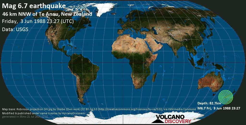 Strong mag. 6.7 earthquake - South Island of New Zealand on Friday, 3 June 1988 at 23:27 (GMT)
