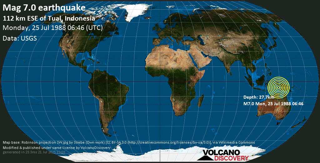 Major mag. 7.0 earthquake - Kepulauan Aru Region, Indonesia on Monday, 25 July 1988
