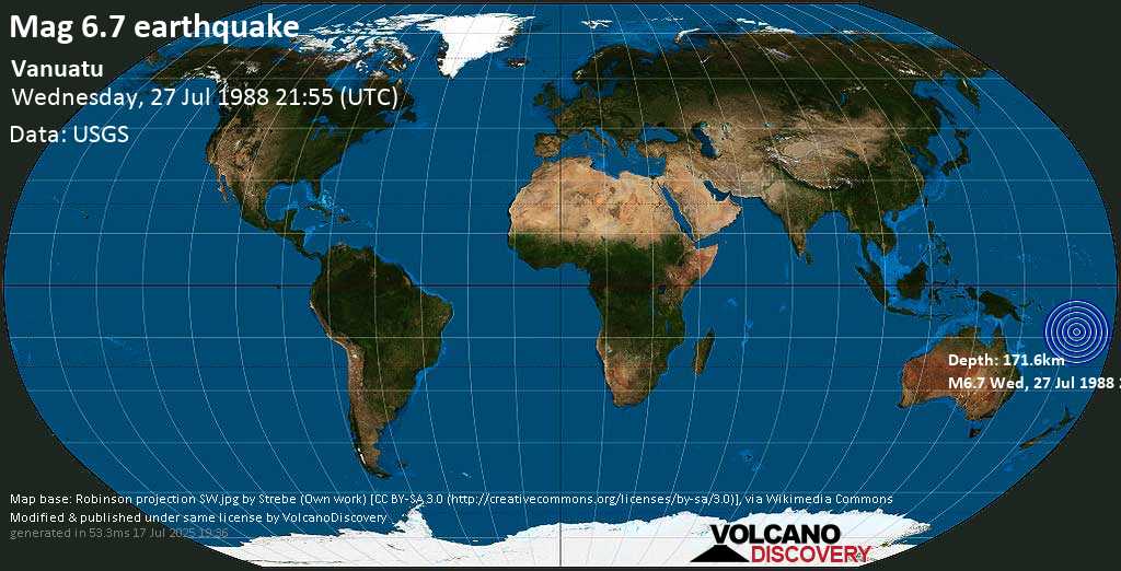 Strong mag. 6.7 earthquake - Vanuatu on Wednesday, 27 July 1988 at 21:55 (GMT)