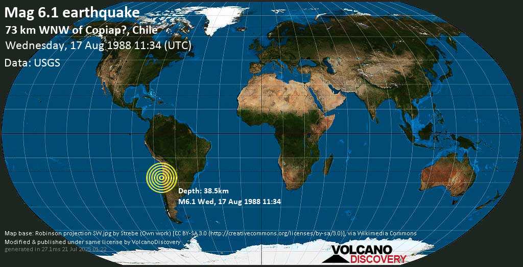 Strong mag. 6.1 earthquake - Offshore Atacama, Chile on Wednesday, 17 August 1988