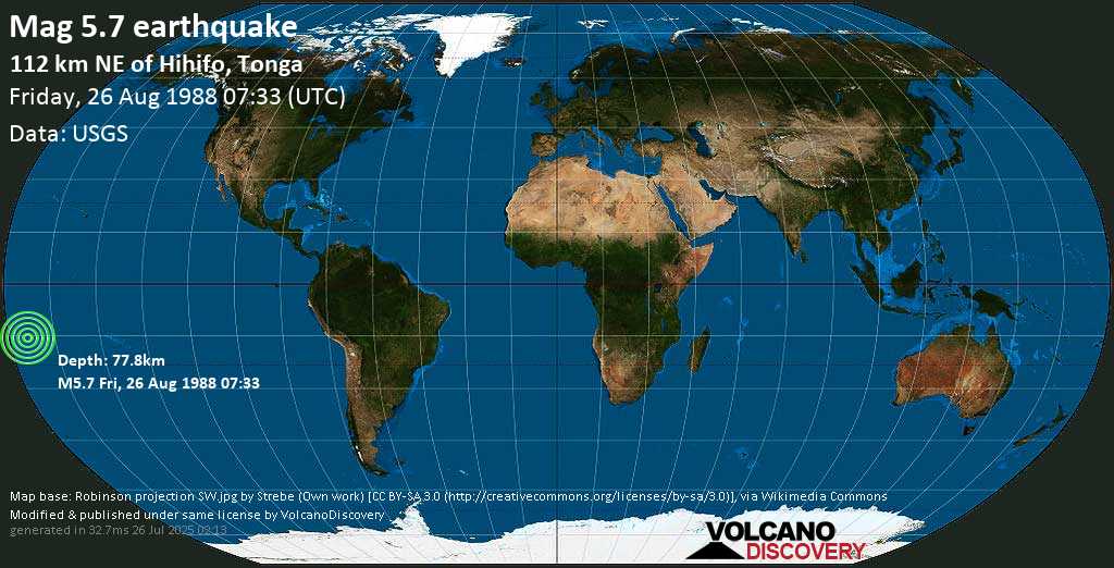 Moderate mag. 5.7 earthquake - Samoa Islands Region on Friday, 26 August 1988 at 07:33 (GMT)