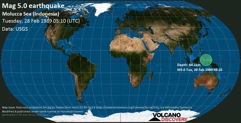 Moderate mag. 5.0 earthquake - Molucca Sea (Indonesia) on Tuesday, 28 February 1989 at 05:10 (GMT)