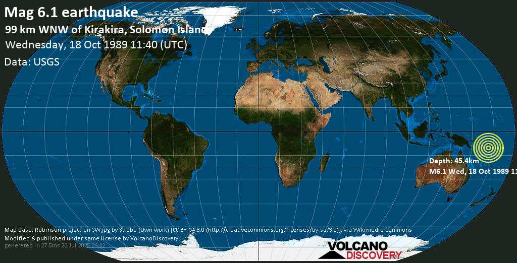 Strong mag. 6.1 earthquake - Solomon Islands on Wednesday, 18 October 1989