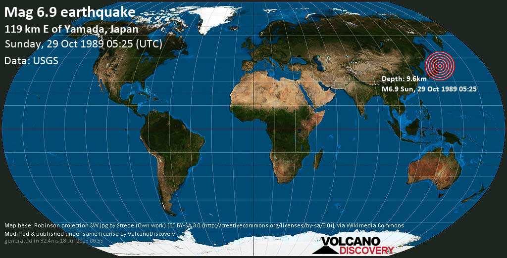 Major magnitude 6.9 earthquake - 120 km east of Miyako, Iwate, Japan, on Sunday, October 29, 1989 at 05:25 GMT