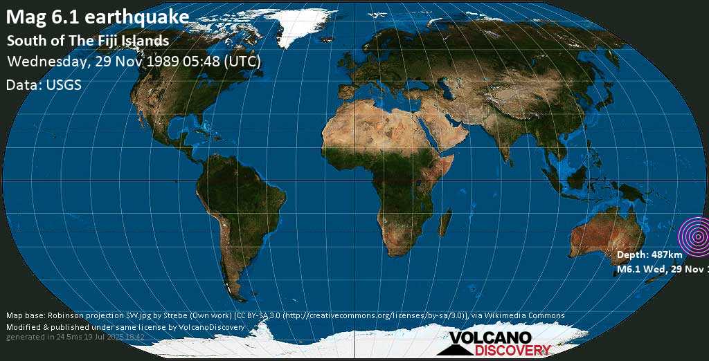 Strong mag. 6.1 earthquake - South of the Fiji Islands on Wednesday, 29 November 1989 at 05:48 (GMT)