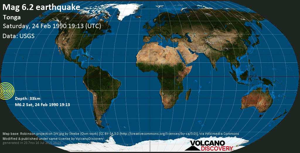 Fuerte terremoto magnitud 6.2 - Tonga, sábado, 24 feb. 1990