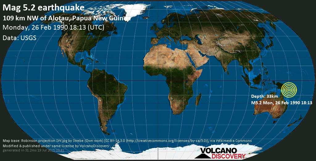 Moderate mag. 5.2 earthquake - Solomon Sea, 25 km west of Ipoteto Island, Milne Bay Province, Papua New Guinea, on Monday, 26 February 1990 at 18:13 (GMT)
