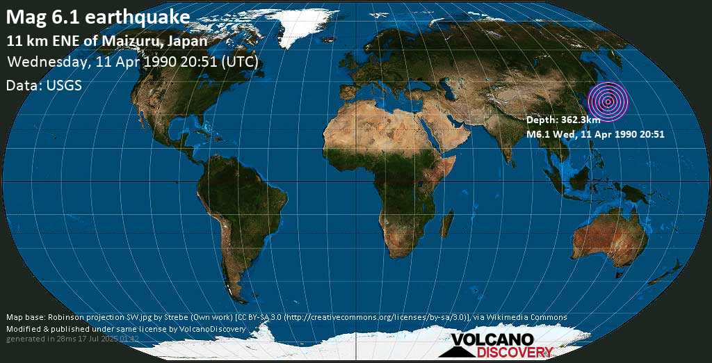 Strong mag. 6.1 earthquake - 11 km east of Maizuru, Kyoto, Japan, on Wednesday, 11 April 1990 at 20:51 (GMT)
