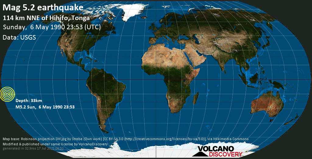Moderate mag. 5.2 earthquake - Samoa Islands Region on Sunday, 6 May 1990 at 23:53 (GMT)