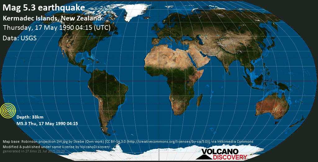 Moderate mag. 5.3 earthquake - South Pacific Ocean, New Zealand, on Thursday, 17 May 1990 at 04:15 (GMT)