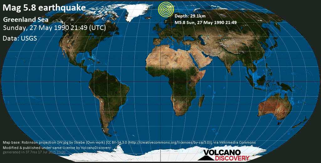 Strong mag. 5.8 earthquake - Norwegian Sea, Svalbard & Jan Mayen, on Sunday, 27 May 1990 at 21:49 (GMT)