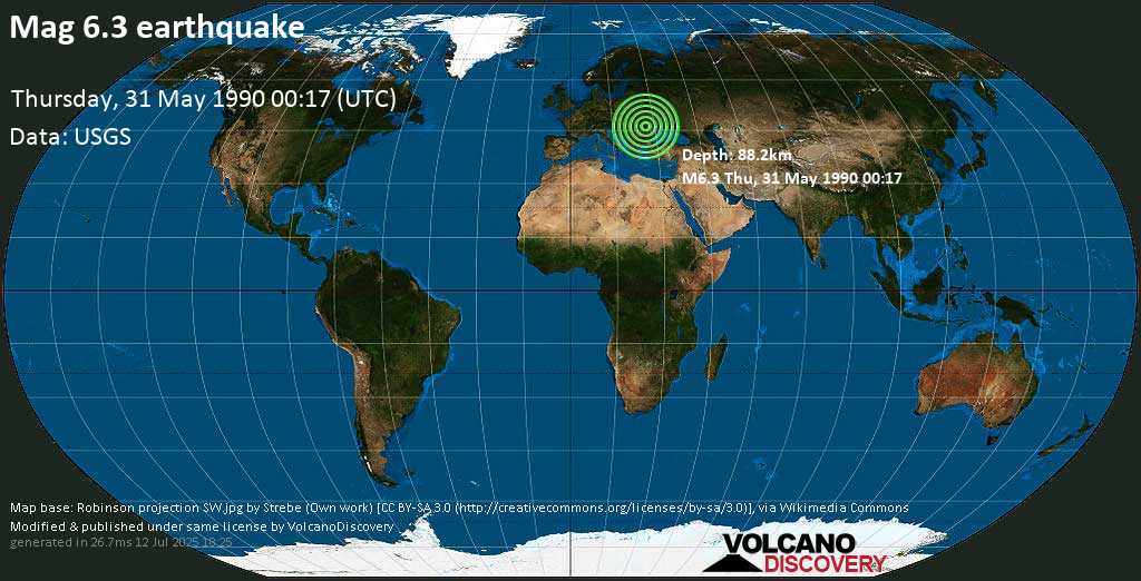 Strong mag. 6.3 earthquake - Romania on Thursday, 31 May 1990 at 00:17 (GMT)