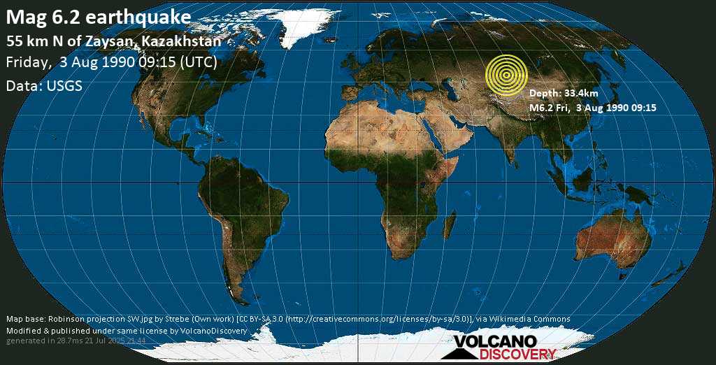 Strong mag. 6.2 earthquake - 56 km north of Zaysan, East Kazakhstan, on Friday, 3 August 1990 at 09:15 (GMT)