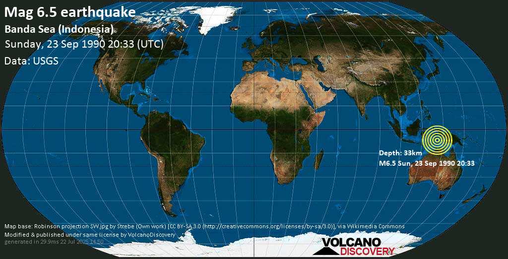 Strong mag. 6.5 earthquake - Banda Sea (Indonesia) on Sunday, 23 September 1990
