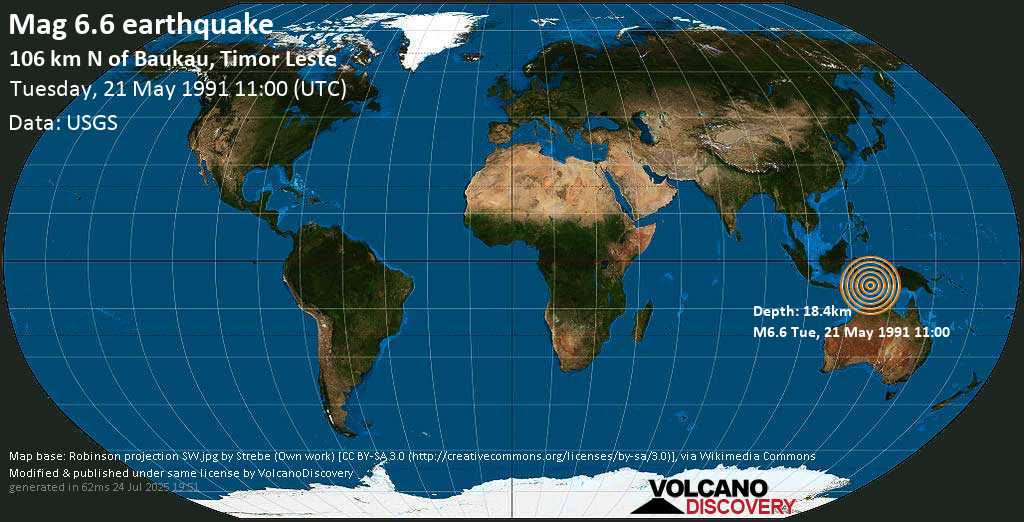 Very strong mag. 6.6 earthquake - Banda Sea, 158 km north of Timor Island, East Nusa Tenggara, Indonesia, on Tuesday, May 21, 1991 at 11:00 (GMT)