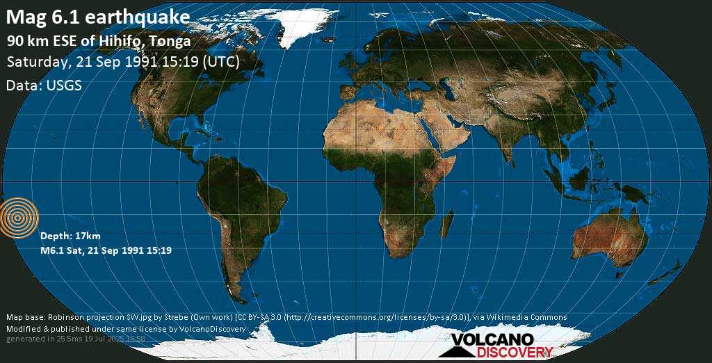 Strong mag. 6.1 earthquake - Tonga (Samoa) on Saturday, 21 September 1991 at 15:19 (GMT)